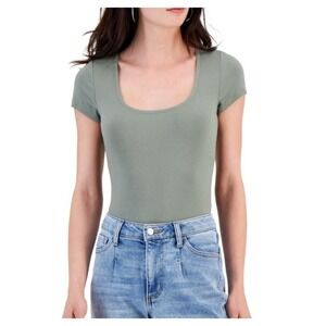 And Now This Bodysuit Square Neck Ribbed Sage Green Short Sleeve Top Size L NWT